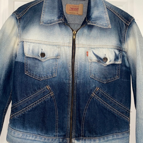 LEVI’S Rare Two Tone Dark Light Denim Zip-Up Jacket Size Girls L/ Women S - Picture 2 of 11